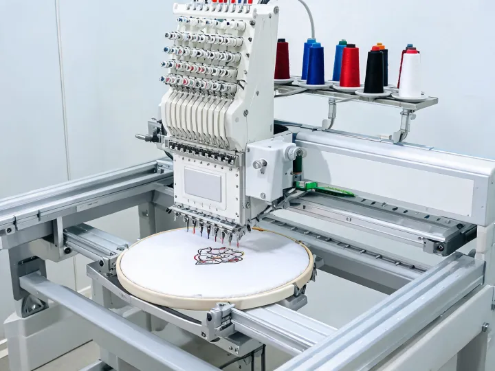 Multi-needle embroidery machine stitching a controlled sample